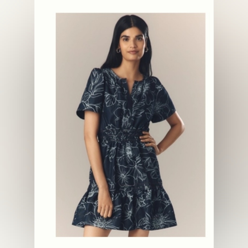 Anthropologie Summerset Navy Floral Short-Sleeve Midi Dress. Denim.
